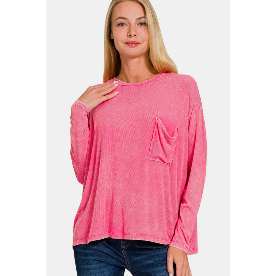 Zenana Round Neck Long Sleeve T - Shirt FUCHSIA / S/M Apparel and Accessories