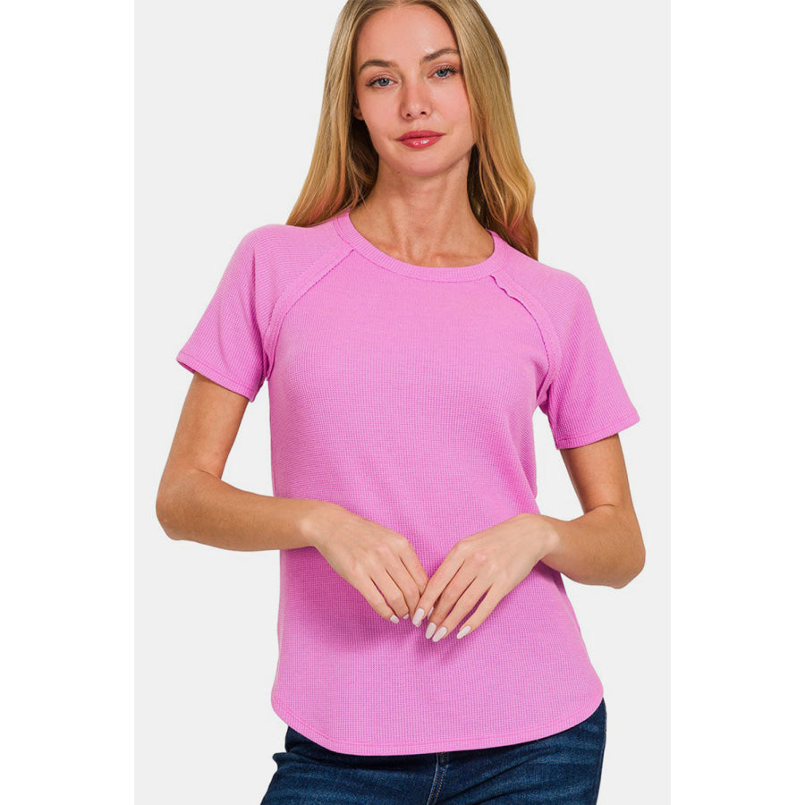 Zenana Round Neck Short Sleeve Waffle T - Shirt BRIGHT MAUVE / S Apparel and Accessories