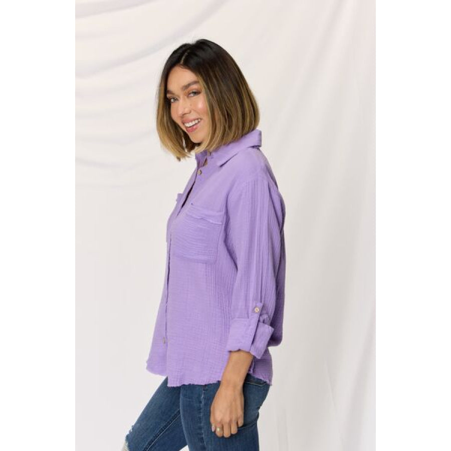 Zenana Texture Button Up Raw Hem Long Sleeve Shirt Apparel and Accessories