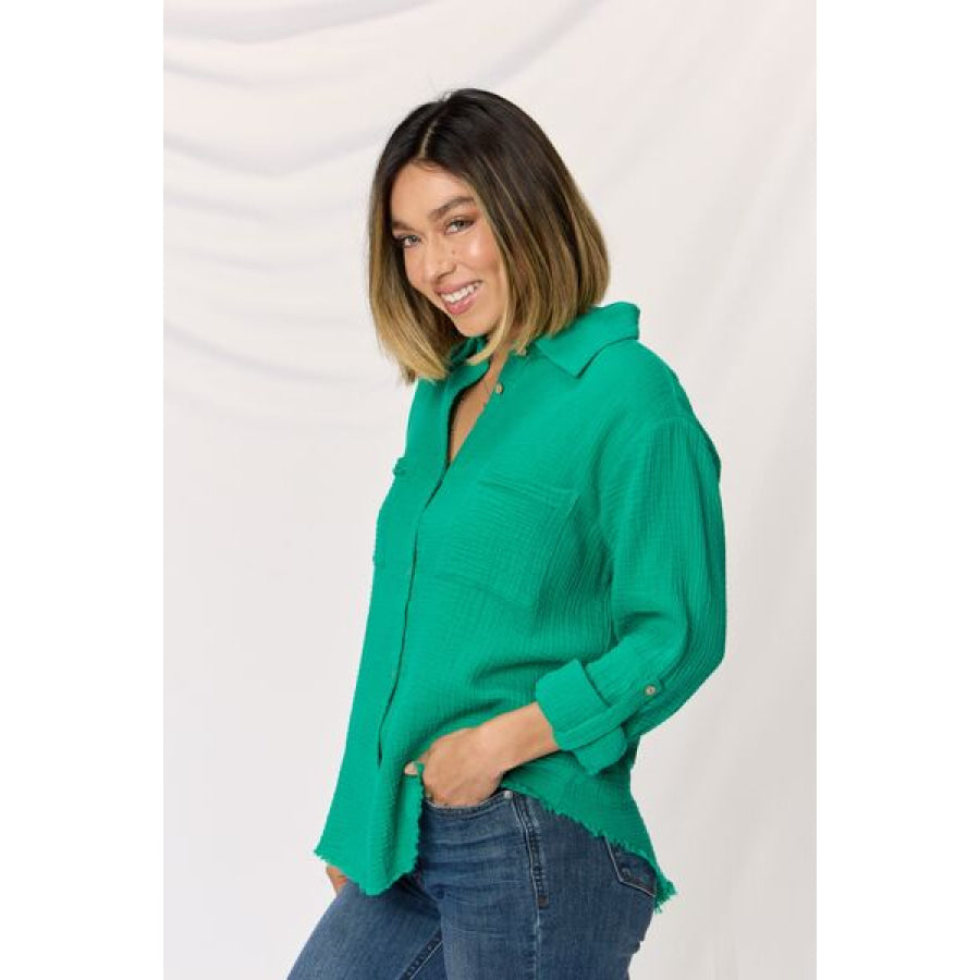 Zenana Texture Button Up Raw Hem Long Sleeve Shirt Apparel and Accessories