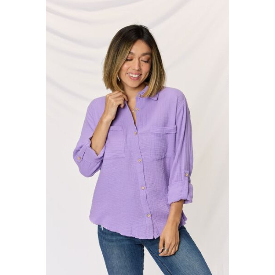 Zenana Texture Button Up Raw Hem Long Sleeve Shirt Apparel and Accessories