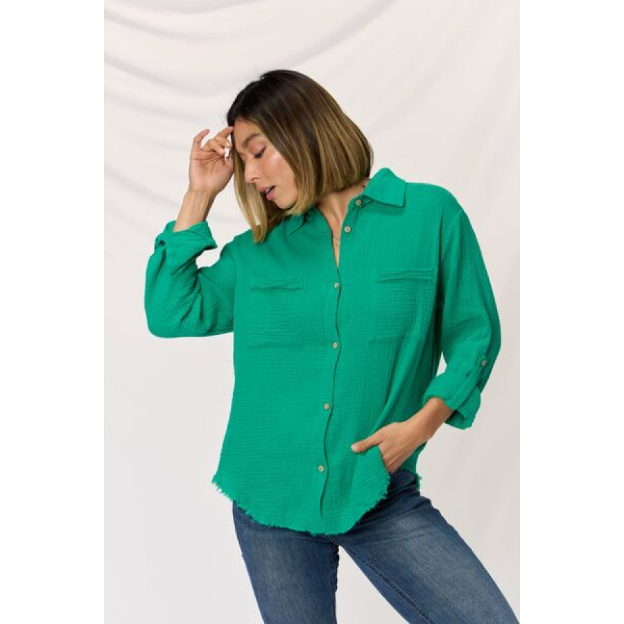 Zenana Texture Button Up Raw Hem Long Sleeve Shirt Apparel and Accessories