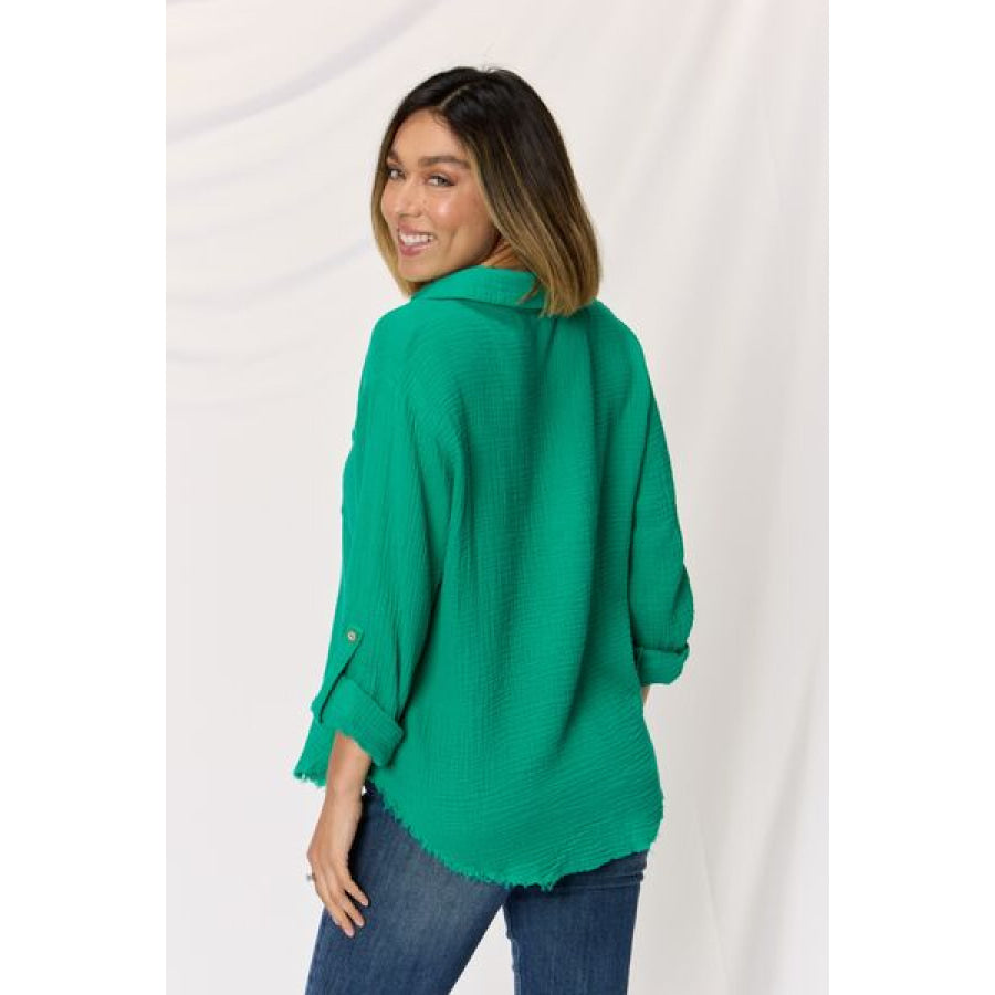 Zenana Texture Button Up Raw Hem Long Sleeve Shirt KGREEN / S Apparel and Accessories