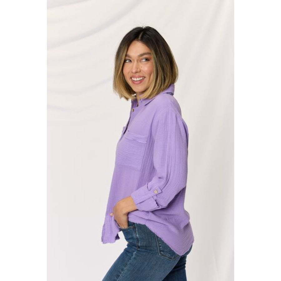 Zenana Texture Button Up Raw Hem Long Sleeve Shirt Apparel and Accessories