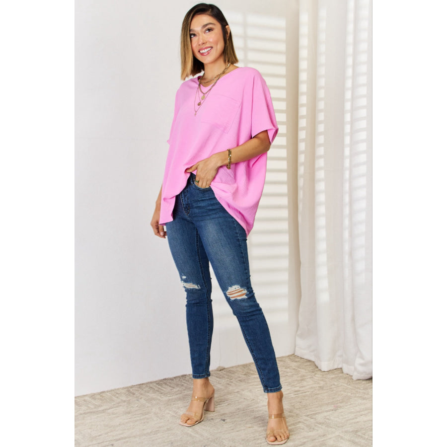 Zenana Texture Short Sleeve Blouse Apparel and Accessories
