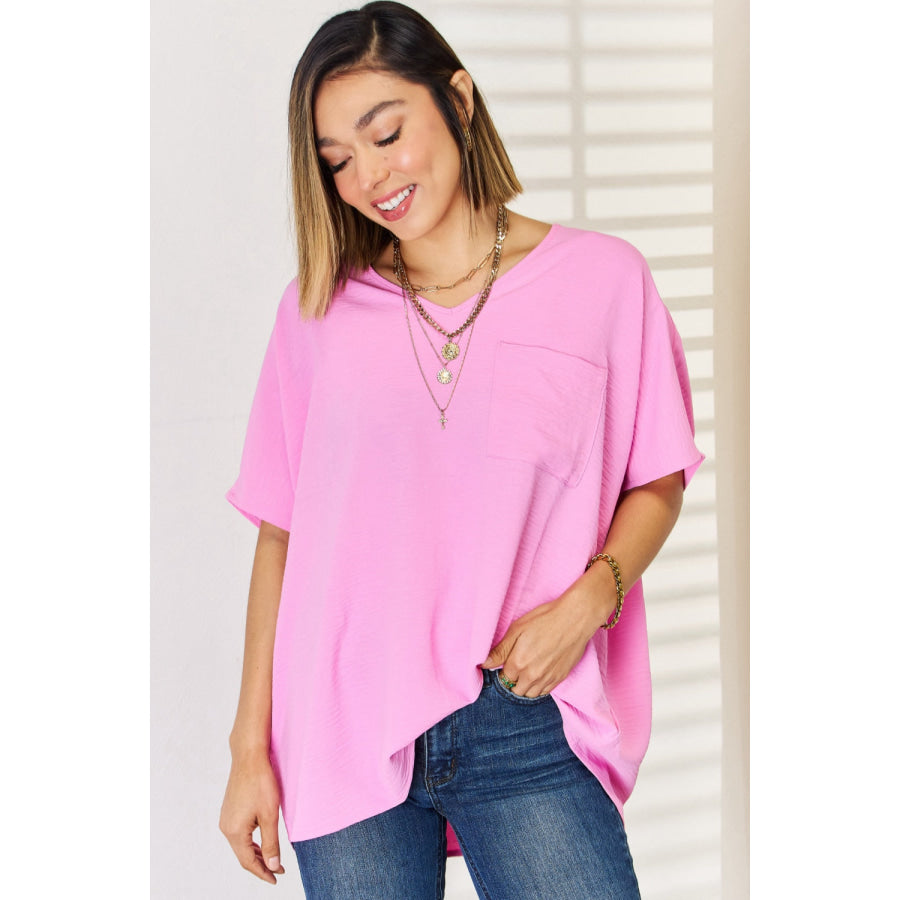 Zenana Texture Short Sleeve Blouse Candy Pink / S Apparel and Accessories