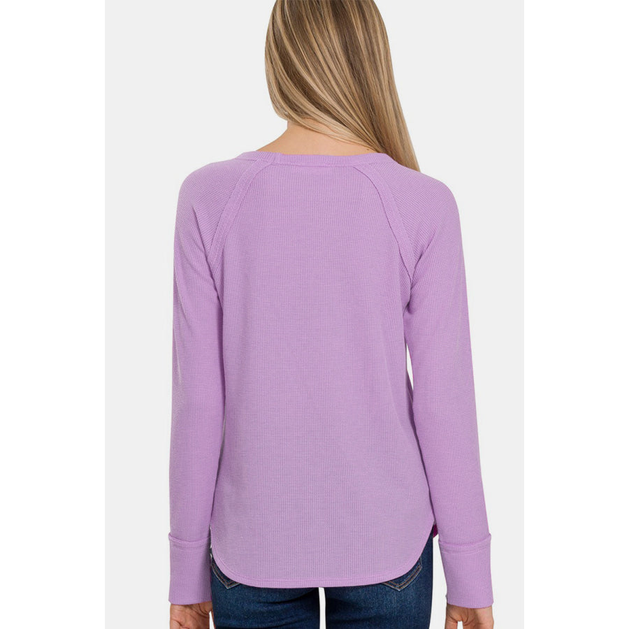 Zenana Waffle Long Sleeve T - Shirt LAVENDER / S Apparel and Accessories