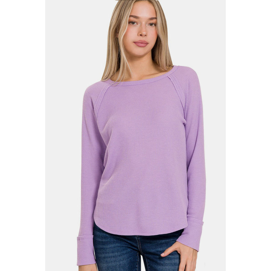 Zenana Waffle Long Sleeve T - Shirt LAVENDER / S Apparel and Accessories