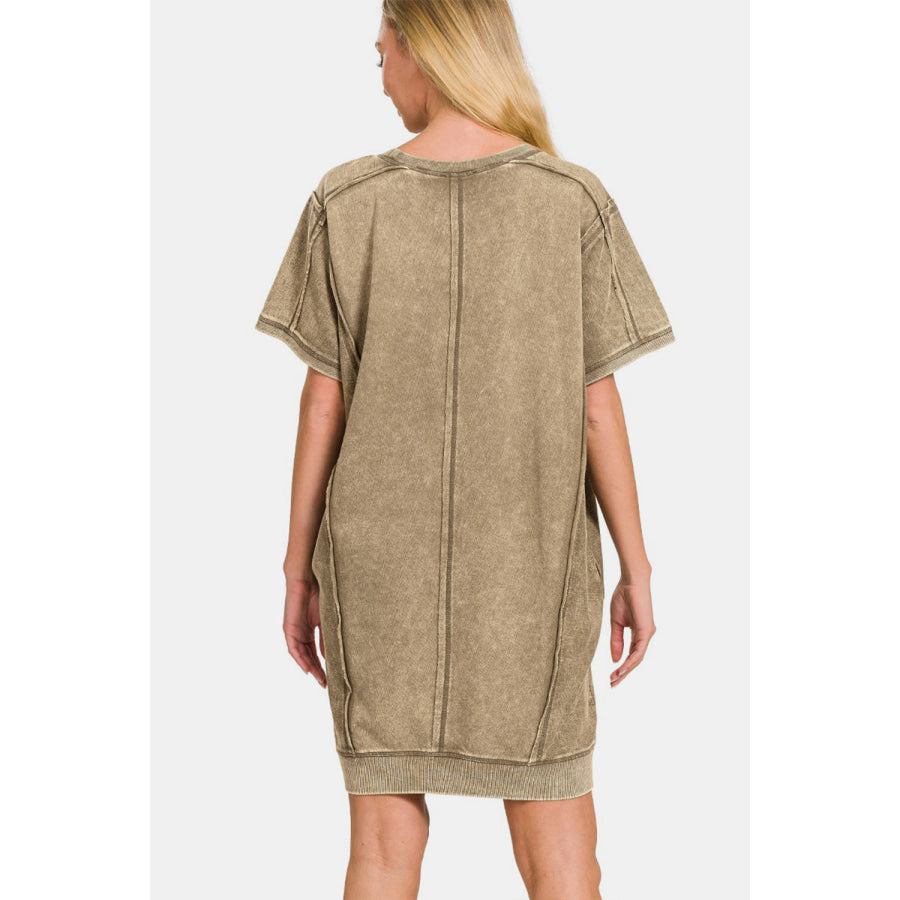 Zenana Washed Exposed Seam Mini Tee Dress MOCHA / S/M Apparel and Accessories