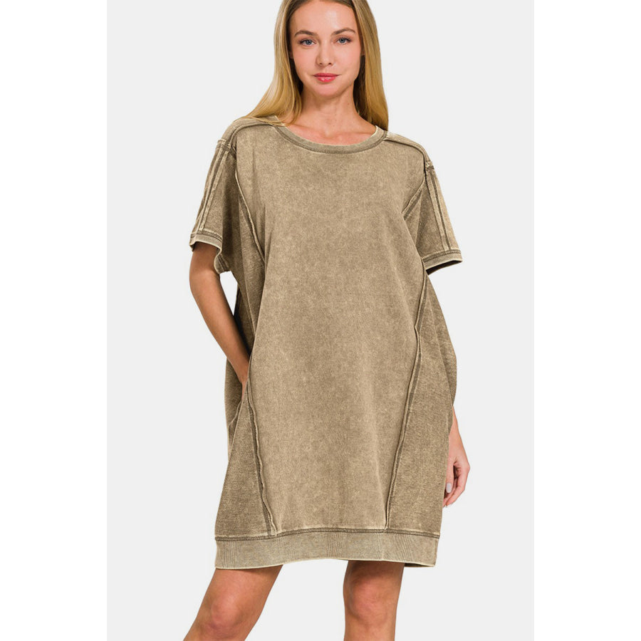 Zenana Washed Exposed Seam Mini Tee Dress MOCHA / S/M Apparel and Accessories