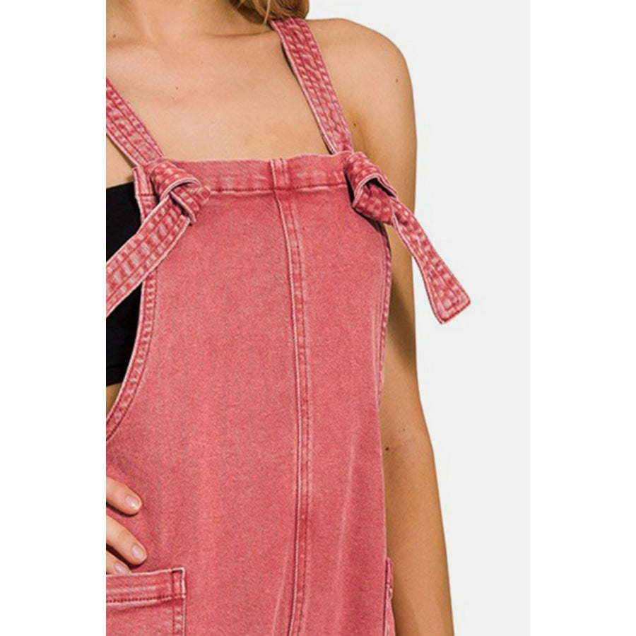 Zenana Washed Knot Strap Rompers Apparel and Accessories