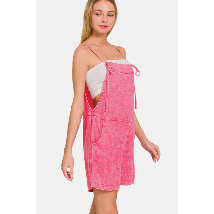 Zenana Washed Linen Knot Strap Rompers Apparel and Accessories
