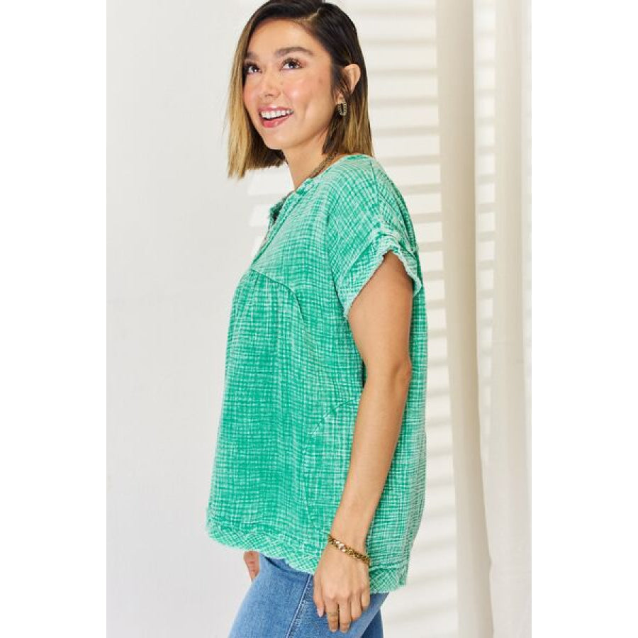 Zenana Washed Raw Hem Short Sleeve Blouse with Pockets Apparel and Accessories