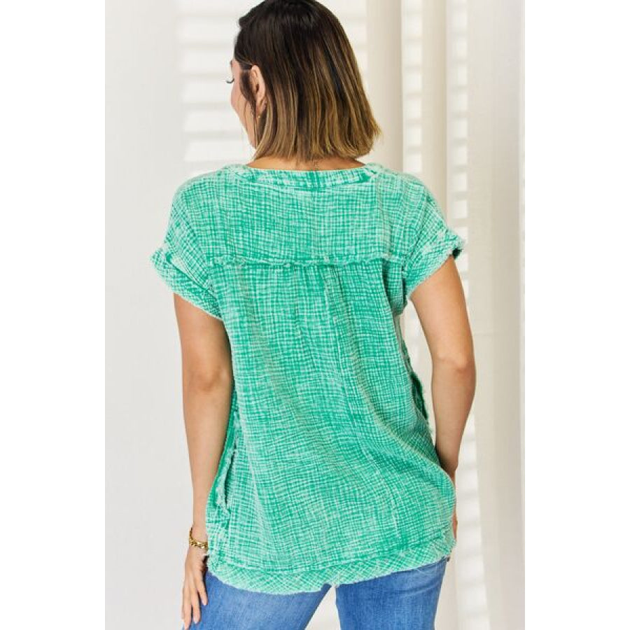 Zenana Washed Raw Hem Short Sleeve Blouse with Pockets Apparel and Accessories