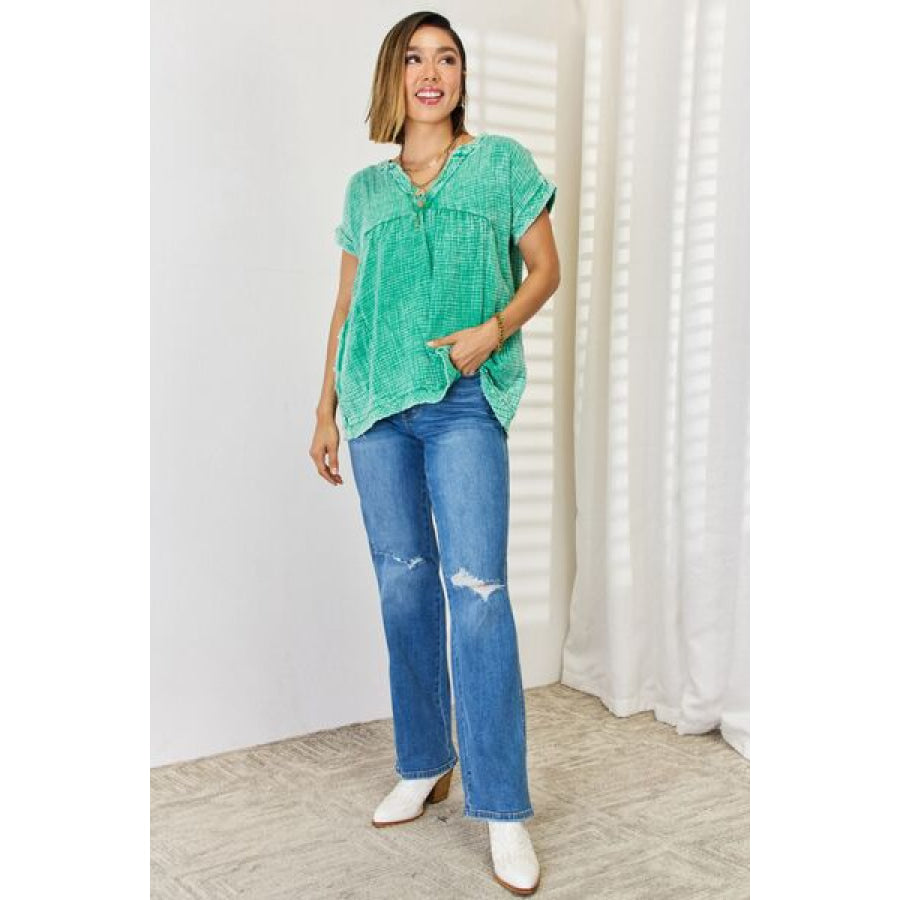 Zenana Washed Raw Hem Short Sleeve Blouse with Pockets Apparel and Accessories