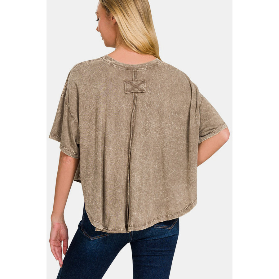 Zenana Washed Round Neck Drop Shoulder Cropped T - Shirt Apparel and Accessories