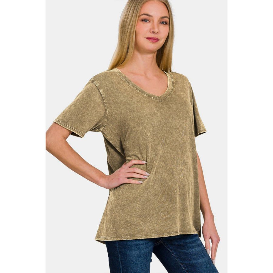 Zenana Washed Short Sleeve V - Neck T - Shirt Apparel and Accessories