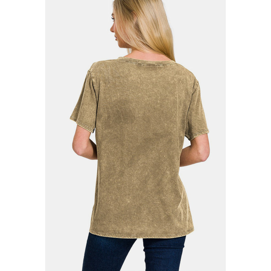 Zenana Washed Short Sleeve V - Neck T - Shirt Apparel and Accessories