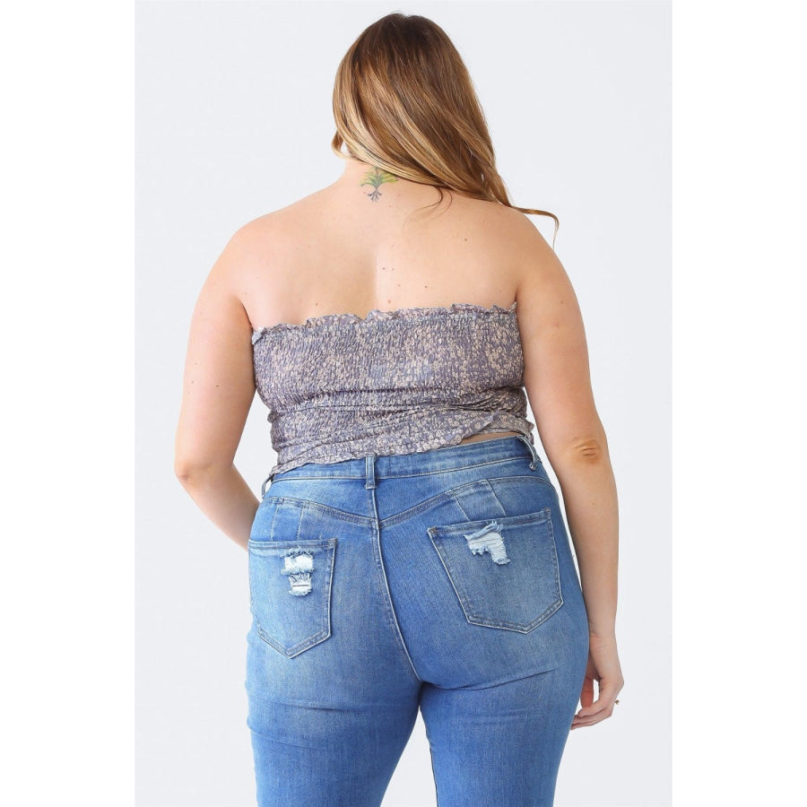 Zenobia Plus Size Drawstring Smocked Floral Tube Top Denim Blue / 1XL Apparel and Accessories