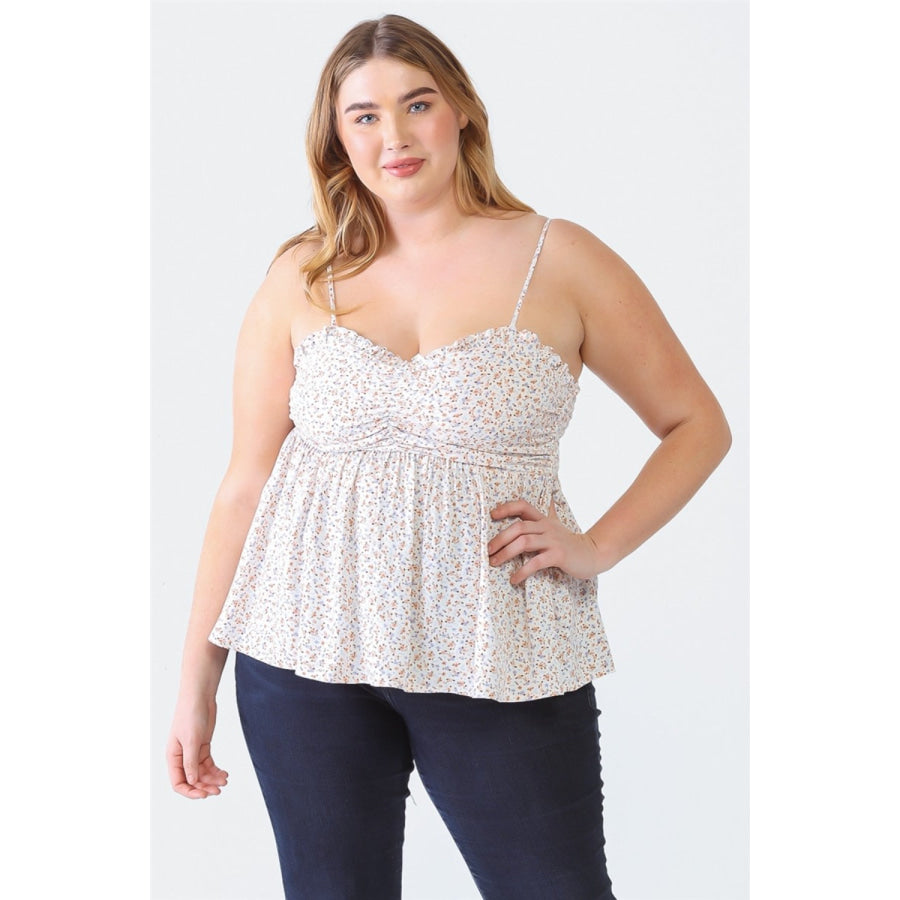 Zenobia Plus Size Frill Smocked Floral Sweetheart Neck Cami Off-White / 1XL Apparel and Accessories