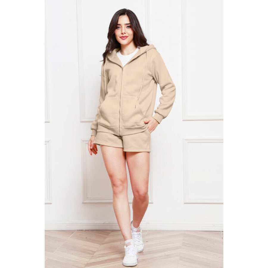 Zip Up Drawstring Hoodie and Shorts Set Beige / S Clothing