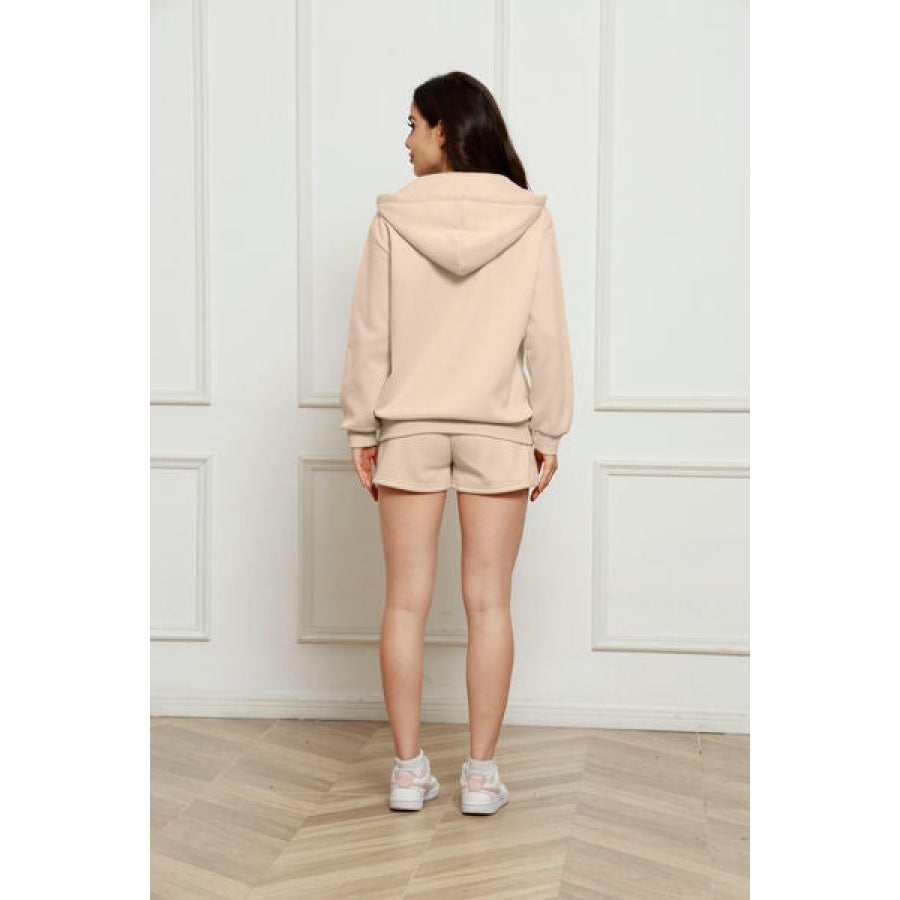 Zip Up Drawstring Hoodie and Shorts Set Beige / S Clothing