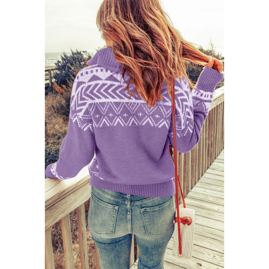 Zip-Up Mock Neck Dropped Shoulder Pullover Sweater