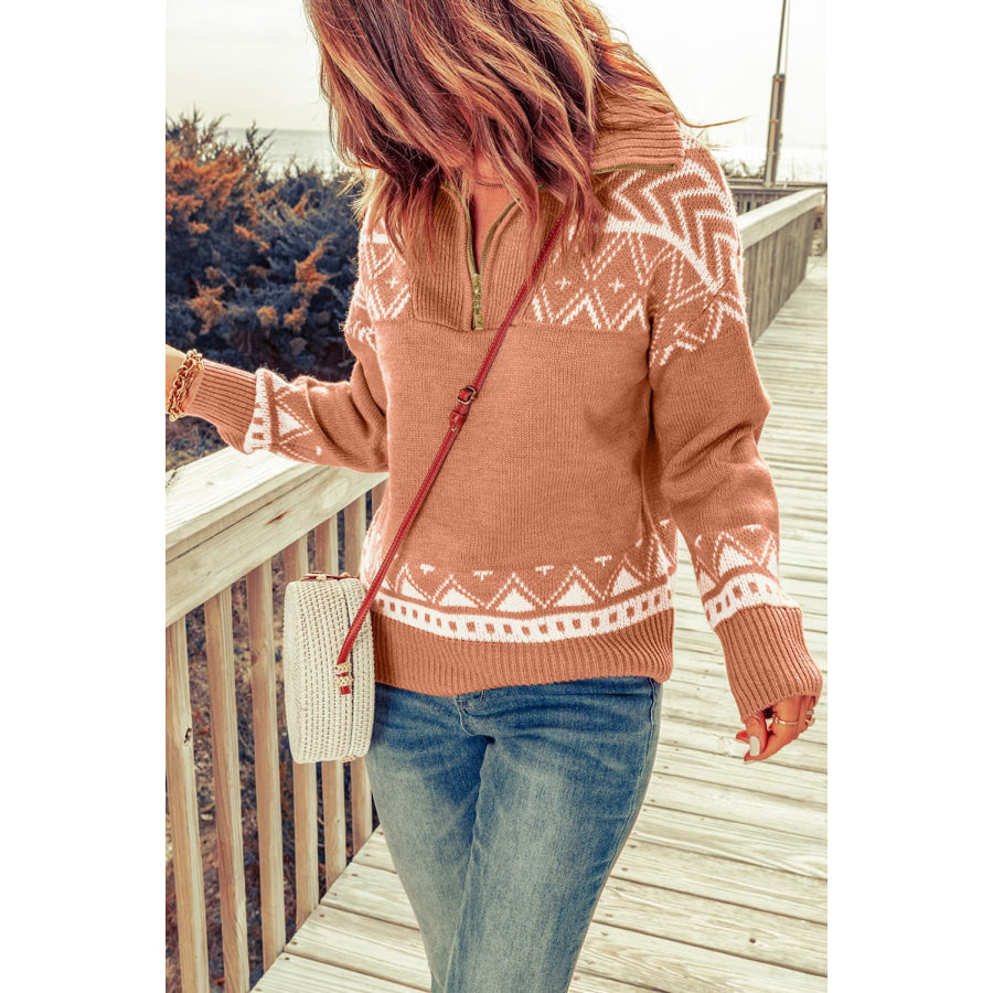 Zip-Up Mock Neck Dropped Shoulder Pullover Sweater