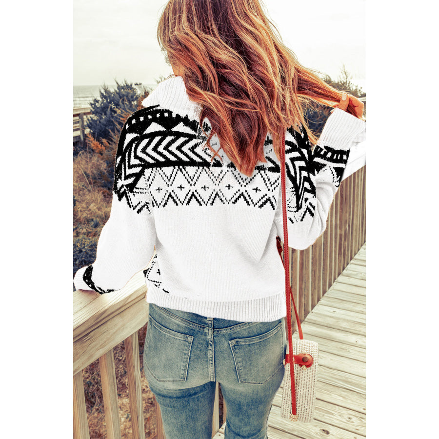 Zip-Up Mock Neck Dropped Shoulder Pullover Sweater