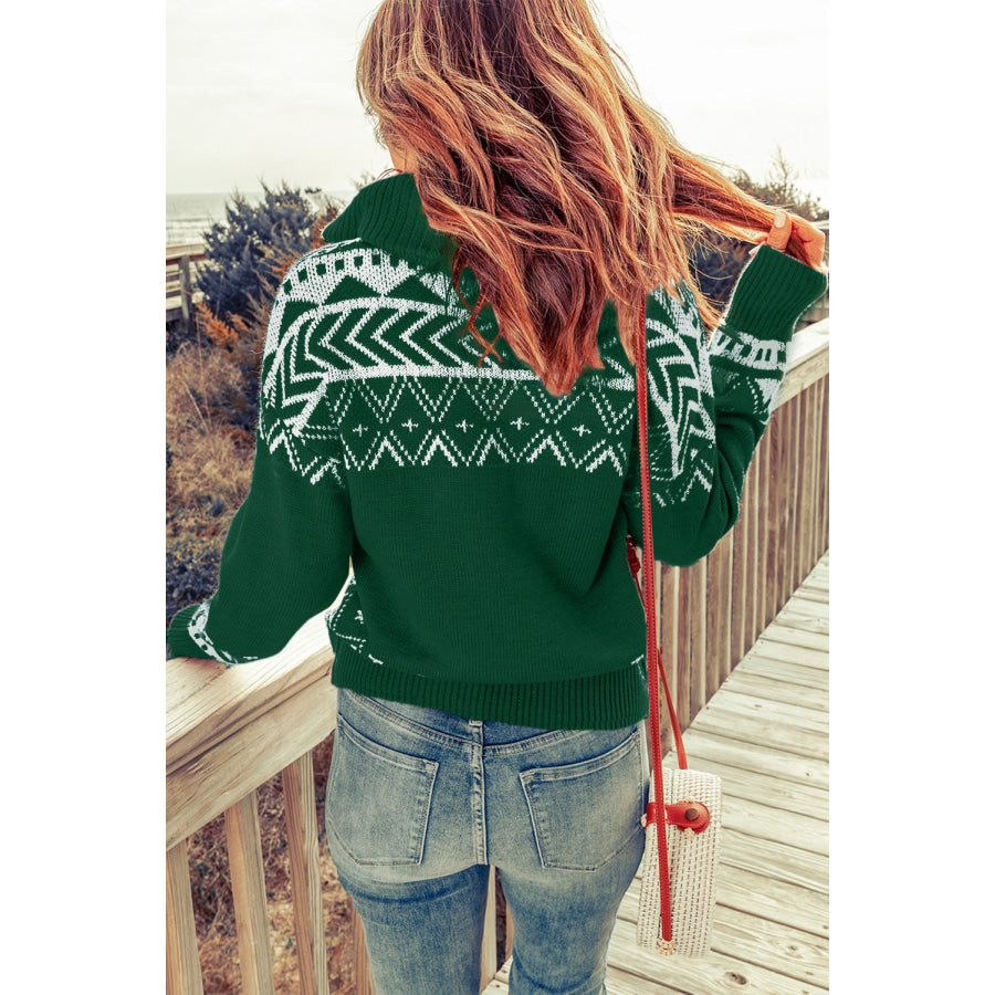 Zip-Up Mock Neck Dropped Shoulder Pullover Sweater