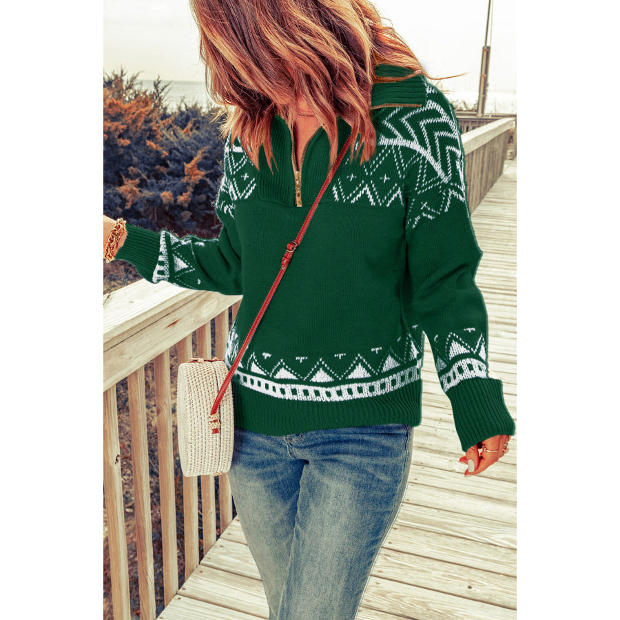 Zip-Up Mock Neck Dropped Shoulder Pullover Sweater