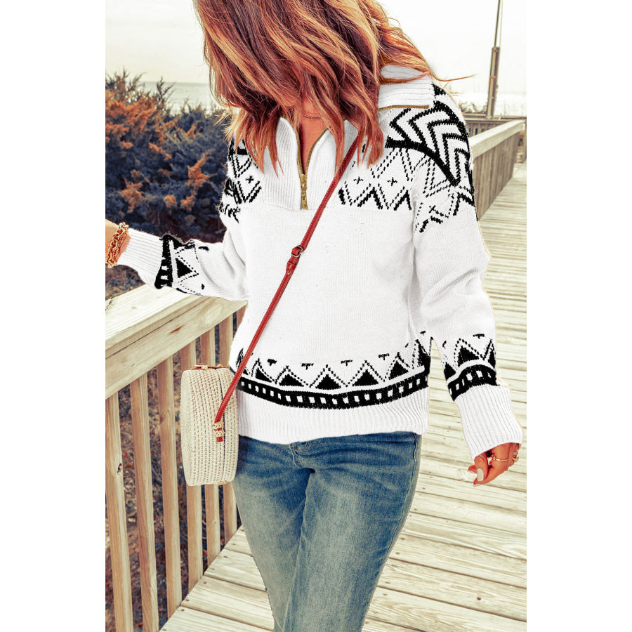 Zip-Up Mock Neck Dropped Shoulder Pullover Sweater