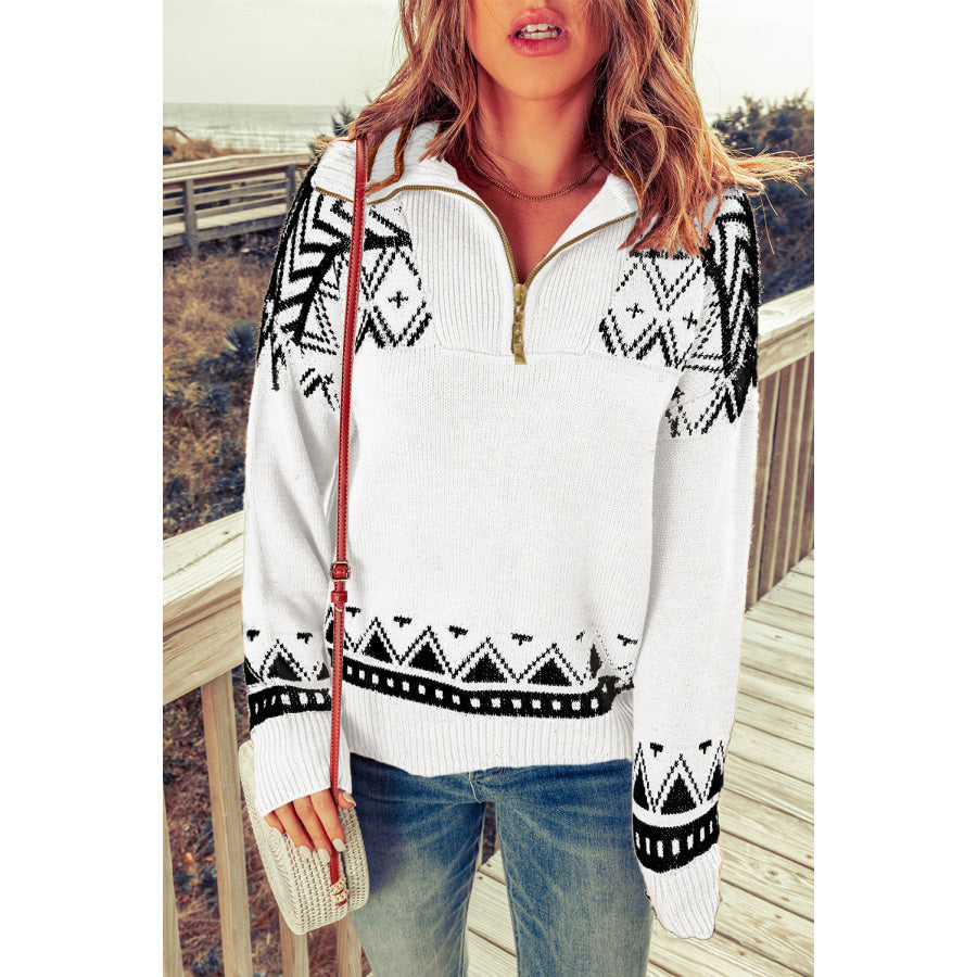 Zip-Up Mock Neck Dropped Shoulder Pullover Sweater White / S