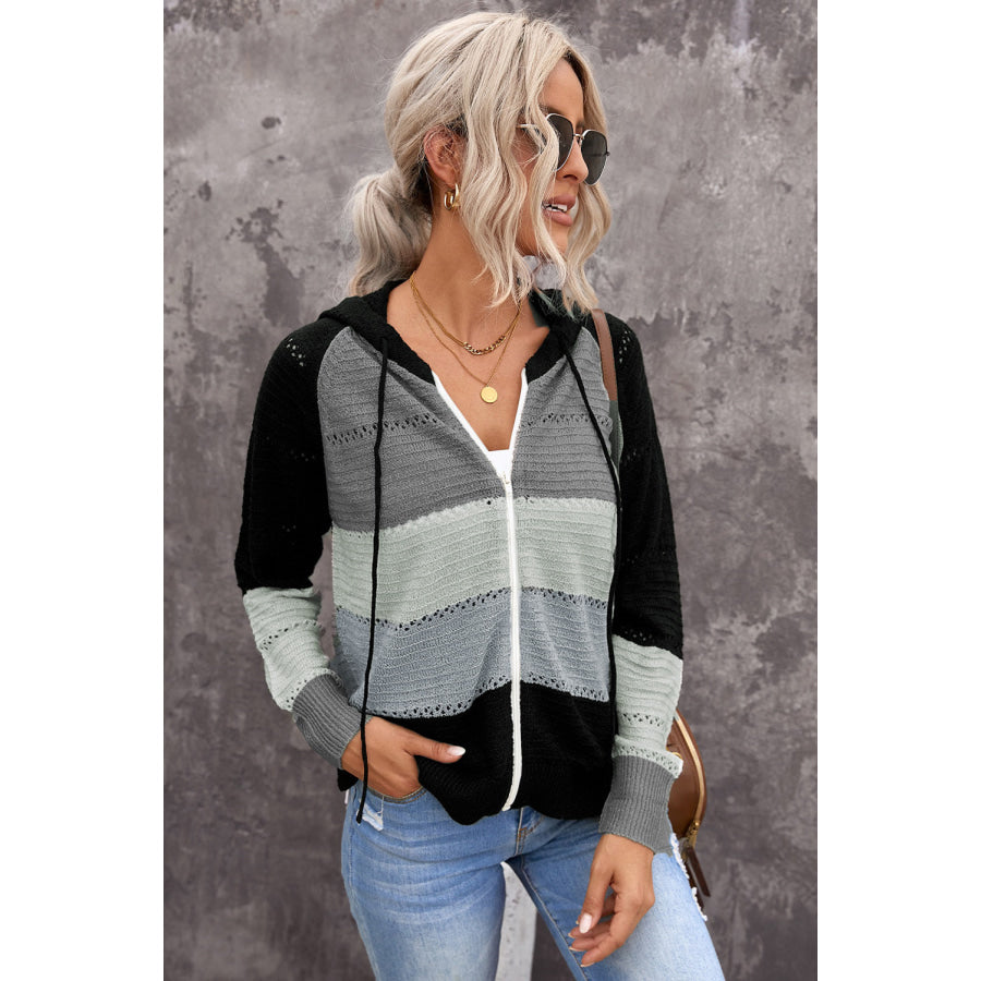 Zip-Up Raglan Sleeve Openwork Hooded Cardigan Black/Gray / S