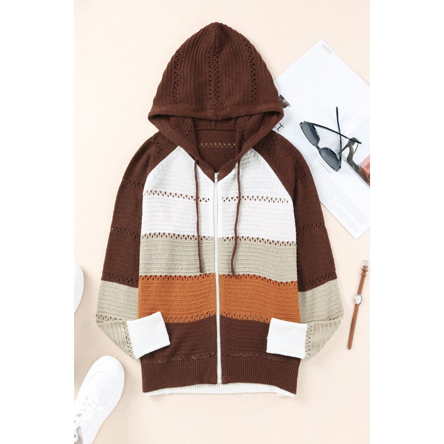 Zip-Up Raglan Sleeve Openwork Hooded Cardigan Coffee Brown / S