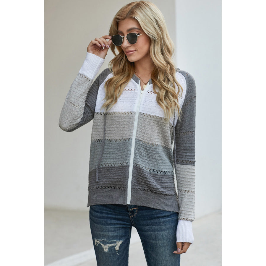 Zip-Up Raglan Sleeve Openwork Hooded Cardigan Gray/White / S