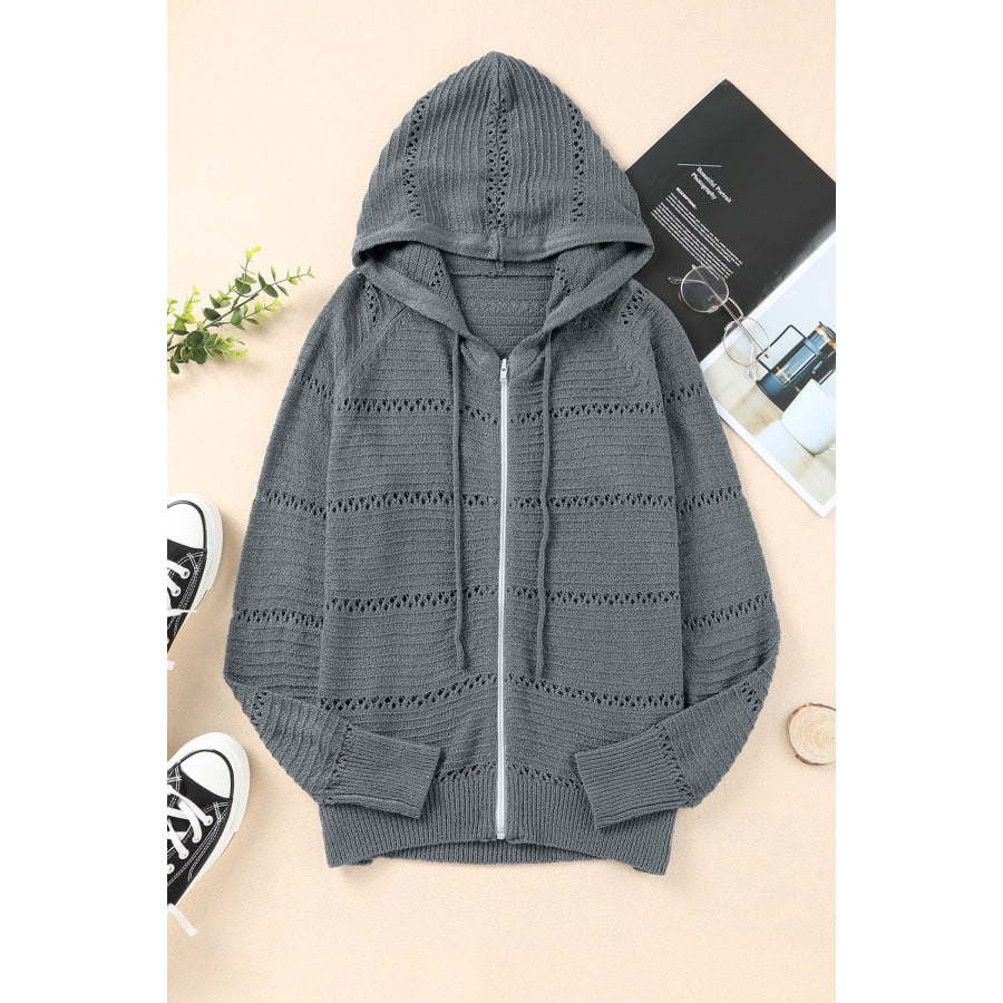 Zip-Up Raglan Sleeve Openwork Hooded Cardigan Mid Gray / S