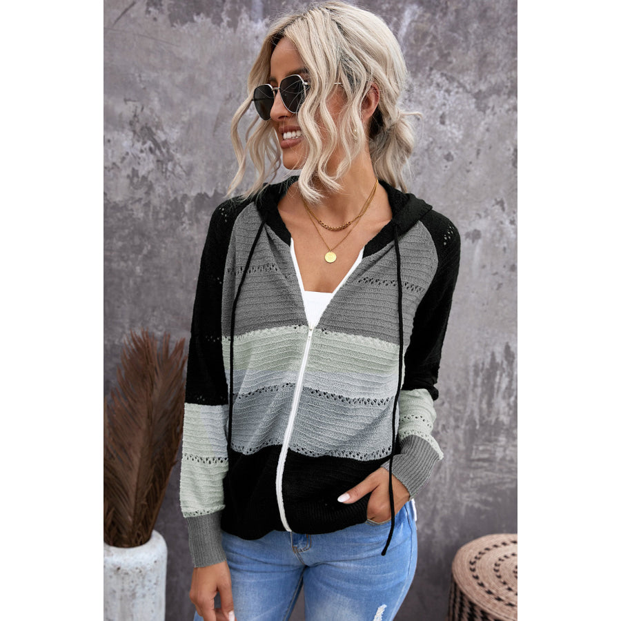 Zip-Up Raglan Sleeve Openwork Hooded Cardigan