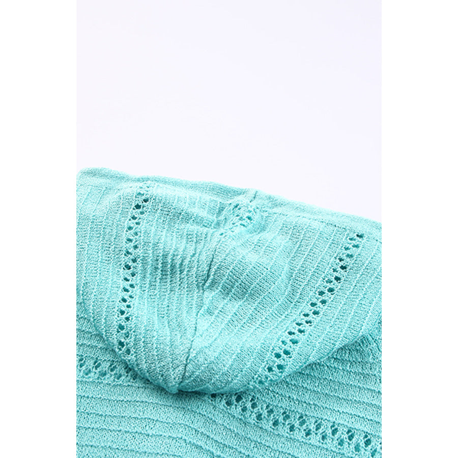 Zip-Up Raglan Sleeve Openwork Hooded Cardigan