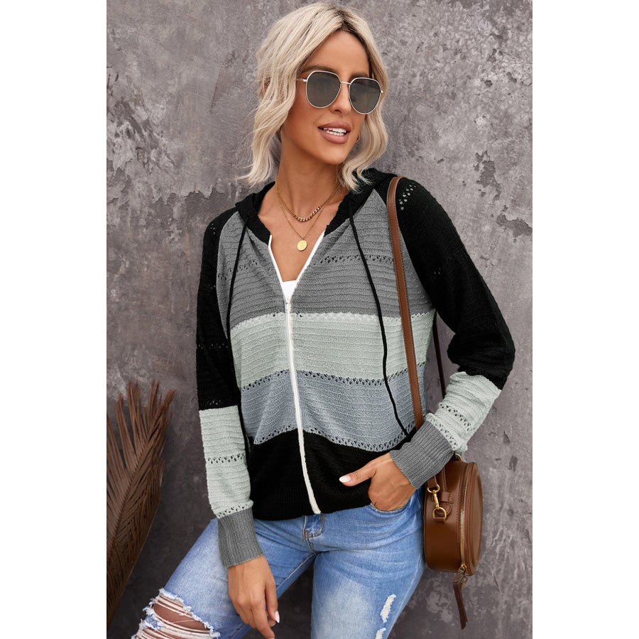 Zip-Up Raglan Sleeve Openwork Hooded Cardigan