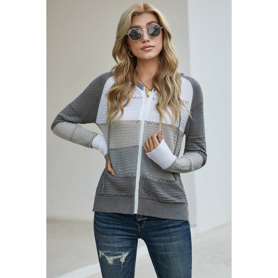 Zip-Up Raglan Sleeve Openwork Hooded Cardigan