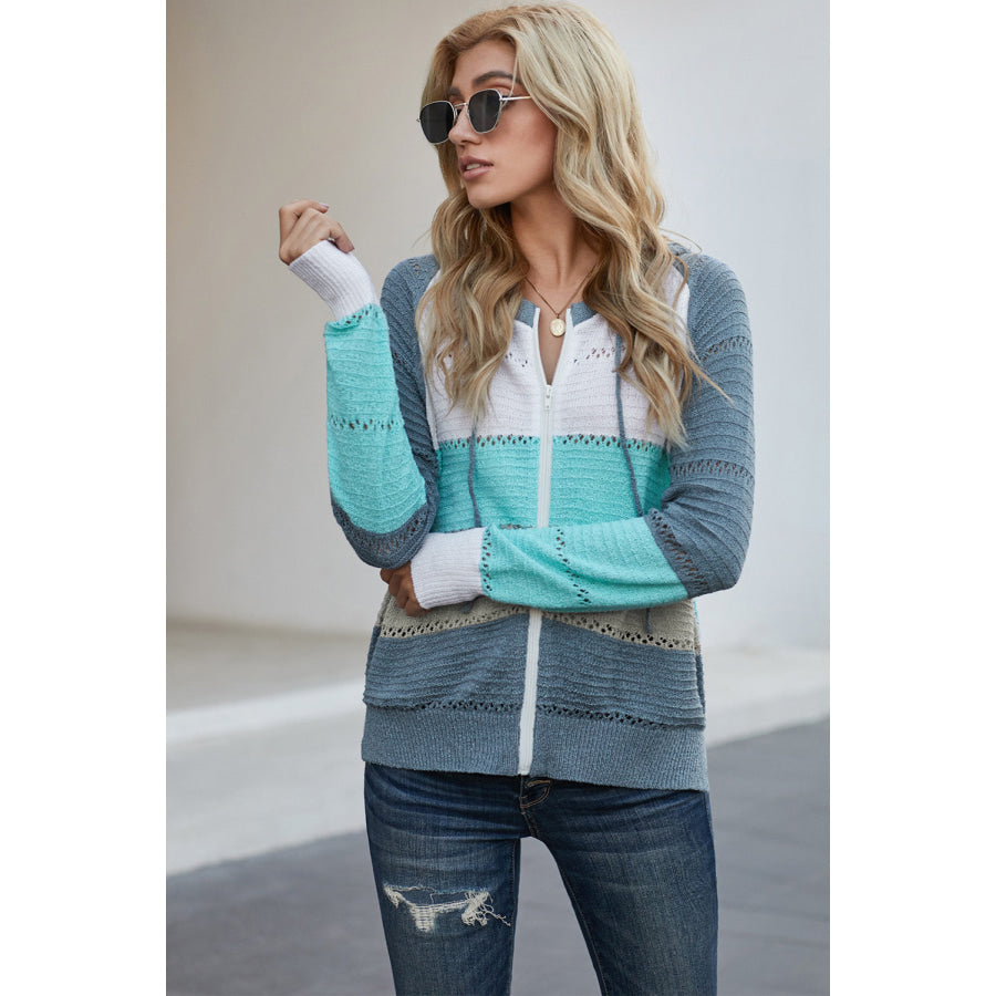 Zip-Up Raglan Sleeve Openwork Hooded Cardigan