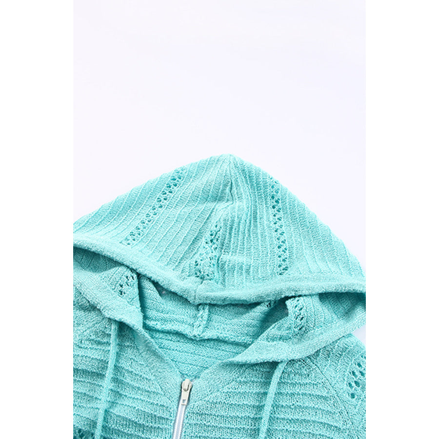 Zip-Up Raglan Sleeve Openwork Hooded Cardigan