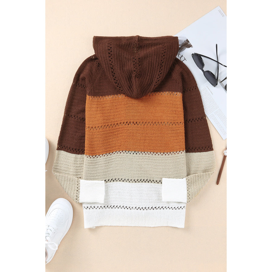 Zip-Up Raglan Sleeve Openwork Hooded Cardigan