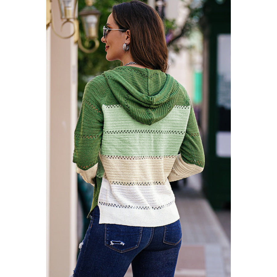 Zip-Up Raglan Sleeve Openwork Hooded Cardigan