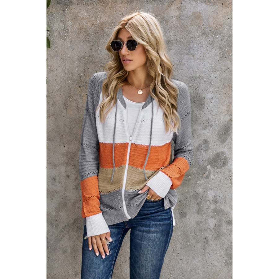 Zip-Up Raglan Sleeve Openwork Hooded Cardigan