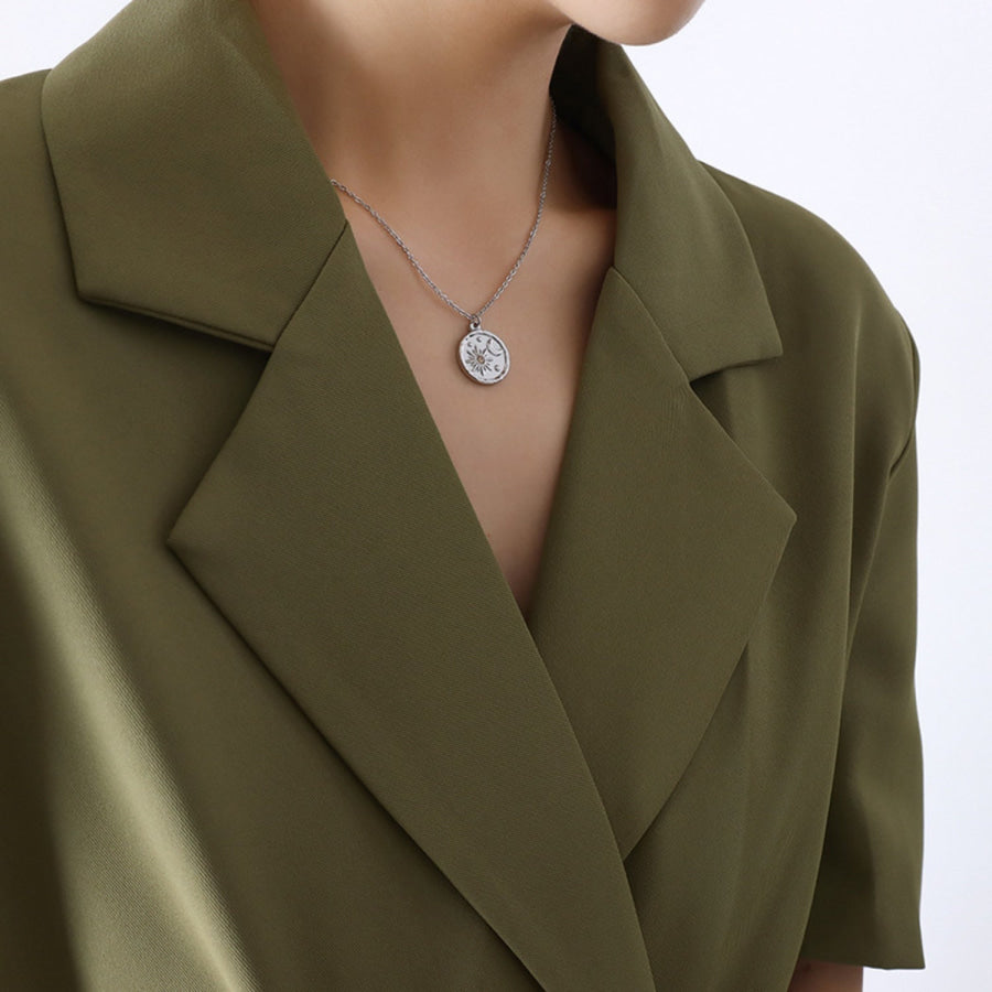 Zircon Titanium Steel Coin Shape Necklace Silver / One Size Apparel and Accessories