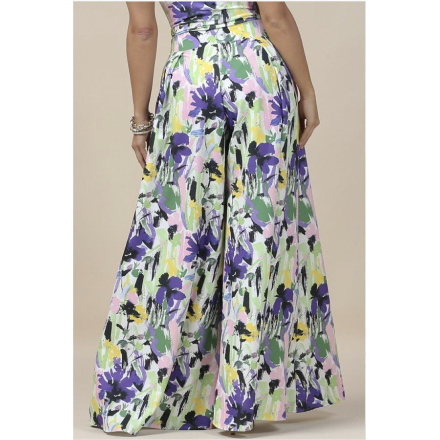 New! Abstract Floral Printed Palazzo Pants with Pockets S Palazzo Pants