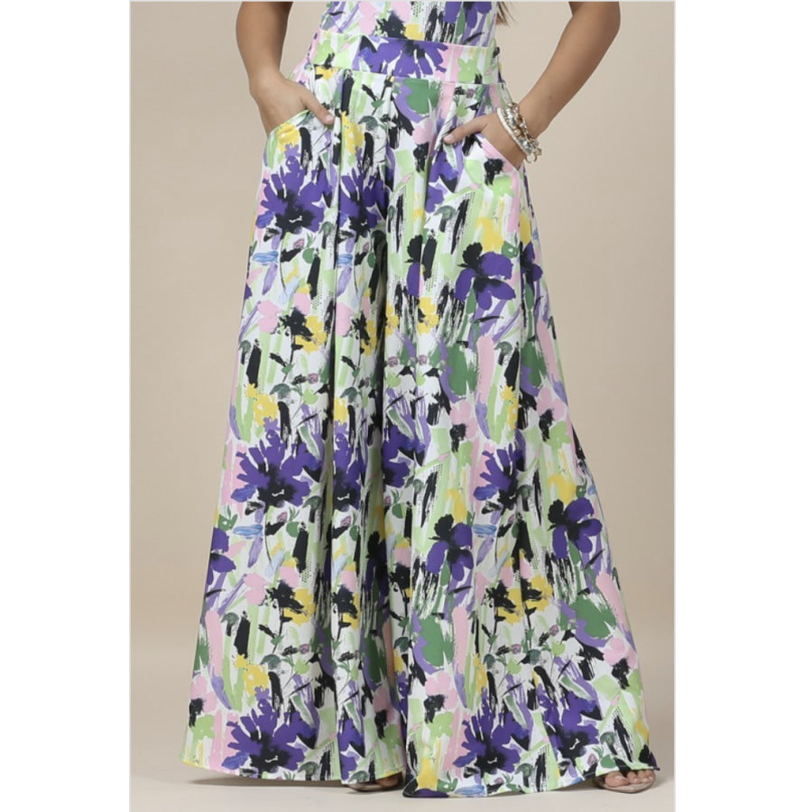 New! Abstract Floral Printed Palazzo Pants with Pockets S Palazzo Pants