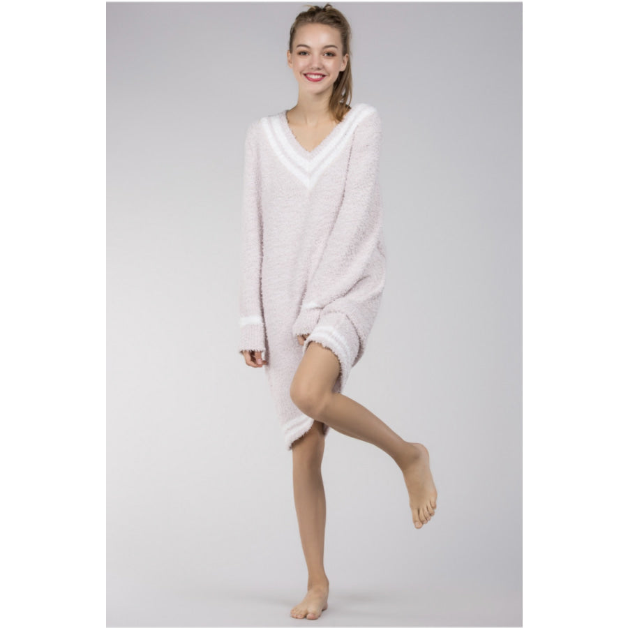 NEW! Berber Fleece Contrast Stripe Hem Pullover V-neck Dress Sleepwear